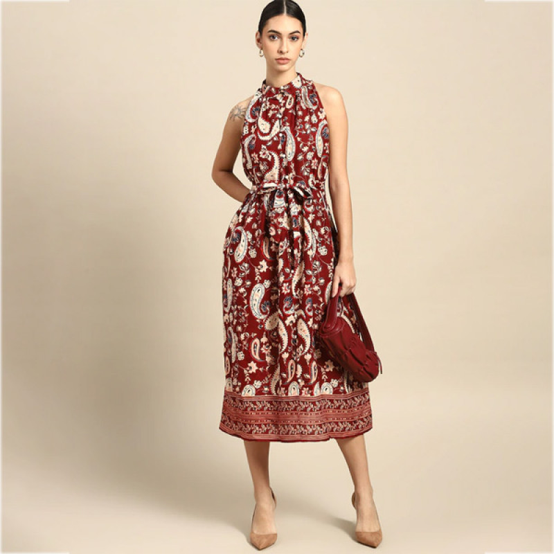 Maroon & Beige Ethnic Motifs Halter Neck A-Line Maxi Dress