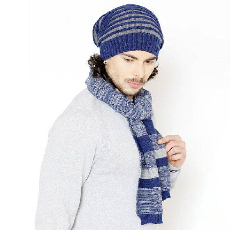 Men Blue & Grey Beanie Cap