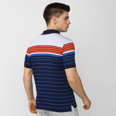 Men Navy Blue Striped Polo Collar Applique T-shirt