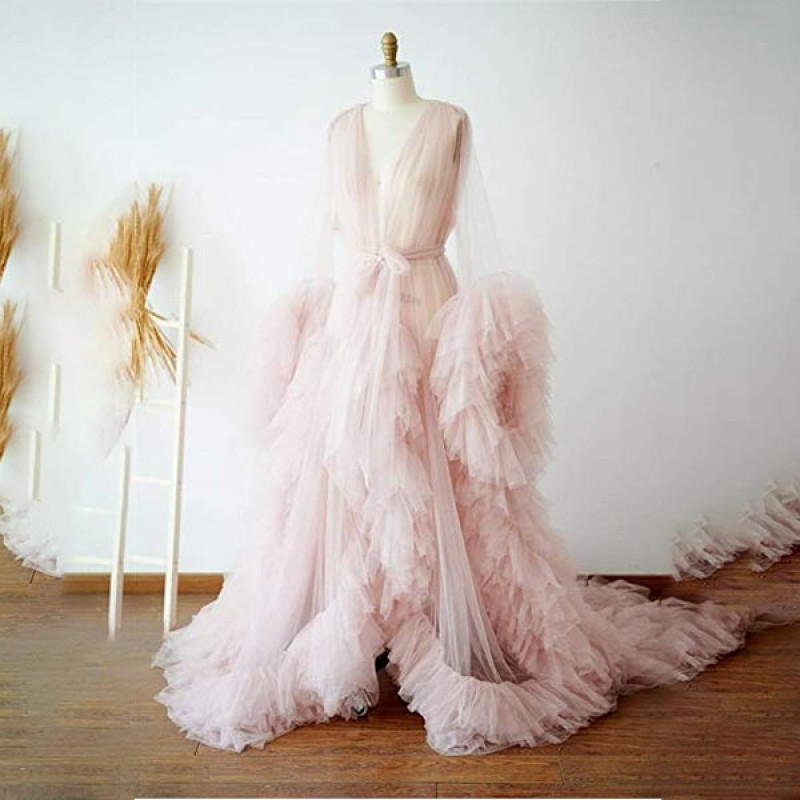 BathGown Sexy Illusion Long Lingerie Tulle Robe Nightgown Bathrobe Sleepwear Bridal Robe Wedding Scarf